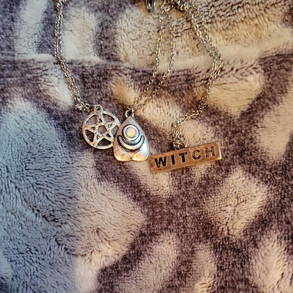 Silver Witch Pendant Necklace Set